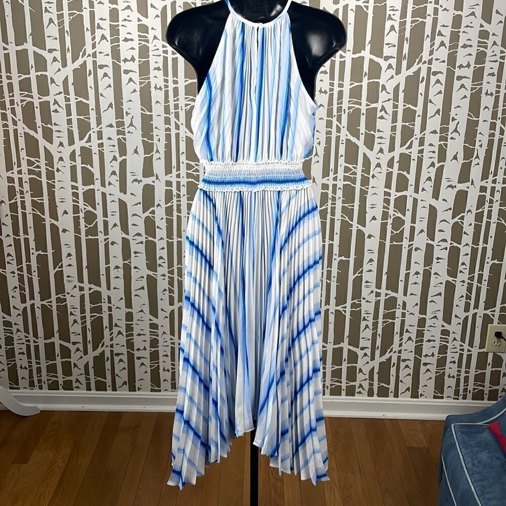 Nine West blue white accordion pleated shark bite hem high neck midi dress NEW - Picture 5 of 16